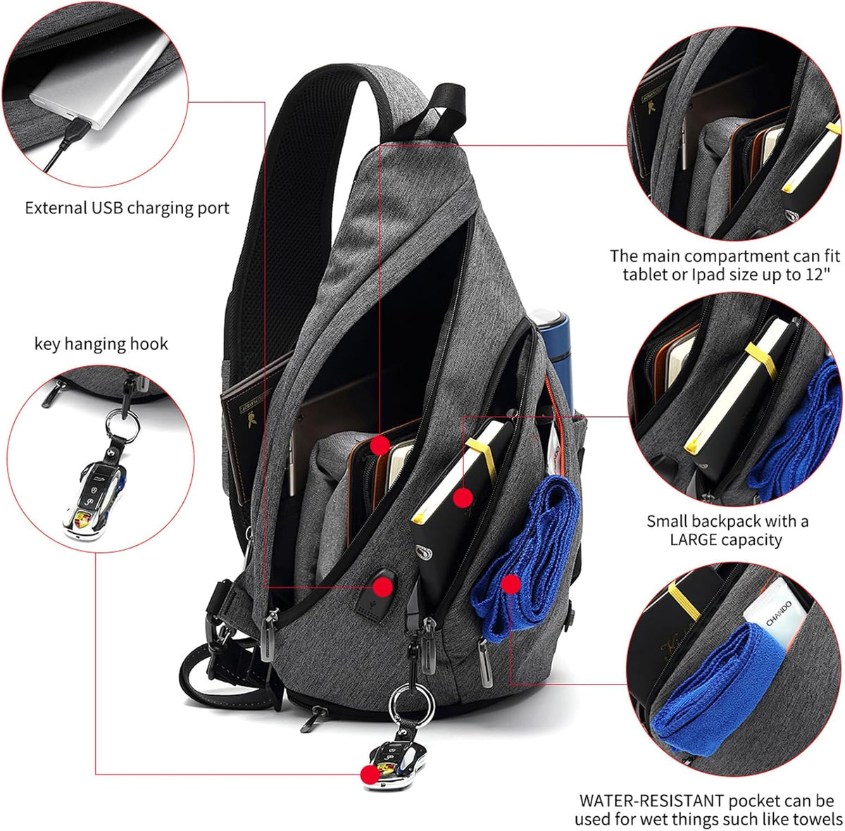 Sling Bag for Men Crossbody Backpack,8 Pockets Sling Backpack Mens Sling Bag,19L Sling Pack,One Strap Backpack for Men | One Strap Backpack with Umbrella Pocket,Sling Backpack with Stability Strap, One Shoulder Backpack for Hiking,Gym,Travel