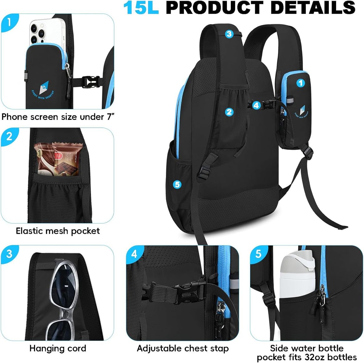 Seektop 15L Small Lightweight Hiking Backpack for Men Women Foldable Packable UltraLight Daypack for Travel Daily Outdoor