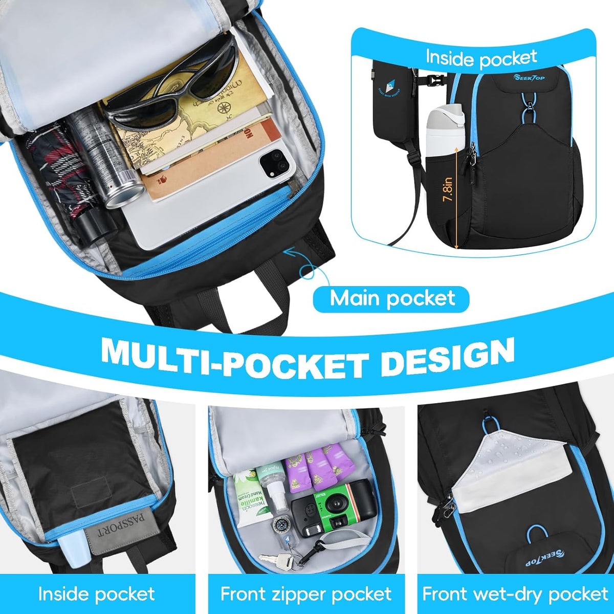Seektop 15L Small Lightweight Hiking Backpack for Men Women Foldable Packable UltraLight Daypack for Travel Daily Outdoor