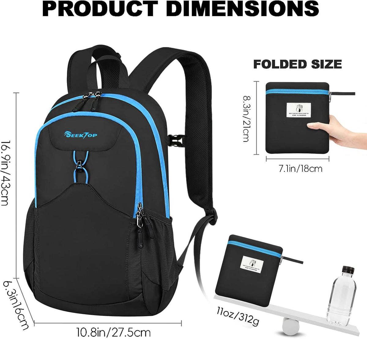 Seektop 15L Small Lightweight Hiking Backpack for Men Women Foldable Packable UltraLight Daypack for Travel Daily Outdoor