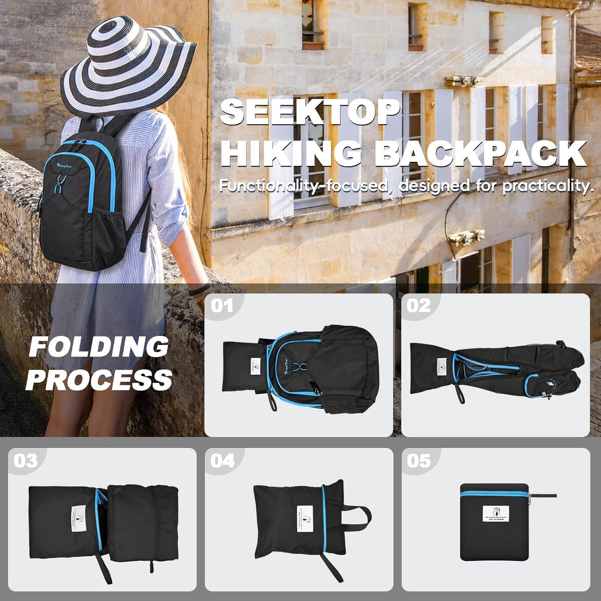 Seektop 15L Small Lightweight Hiking Backpack for Men Women Foldable Packable UltraLight Daypack for Travel Daily Outdoor