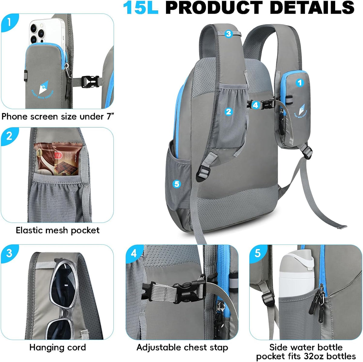 Seektop 15L Small Lightweight Hiking Backpack for Men Women Foldable Packable UltraLight Daypack for Travel Daily Outdoor