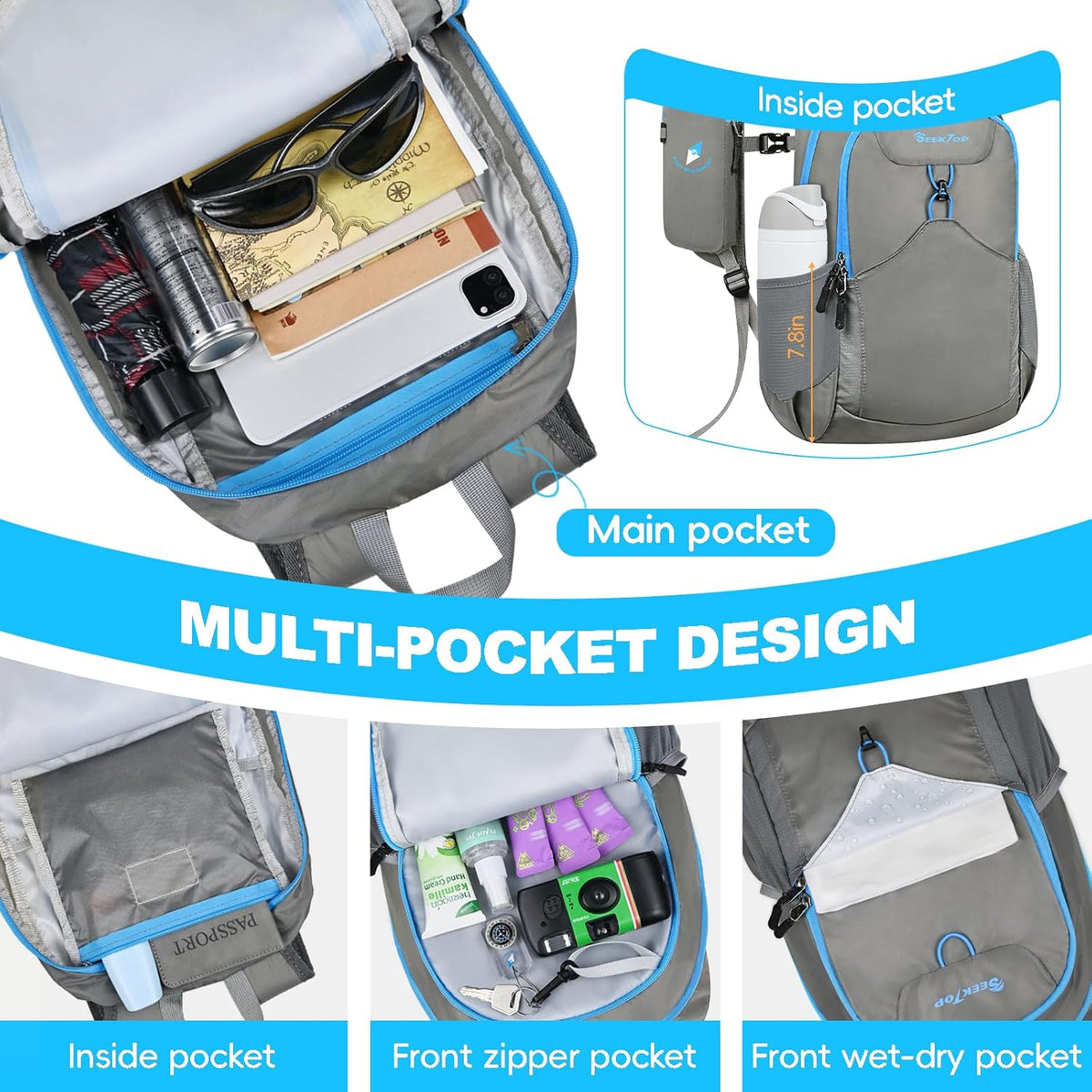 Seektop 15L Small Lightweight Hiking Backpack for Men Women Foldable Packable UltraLight Daypack for Travel Daily Outdoor