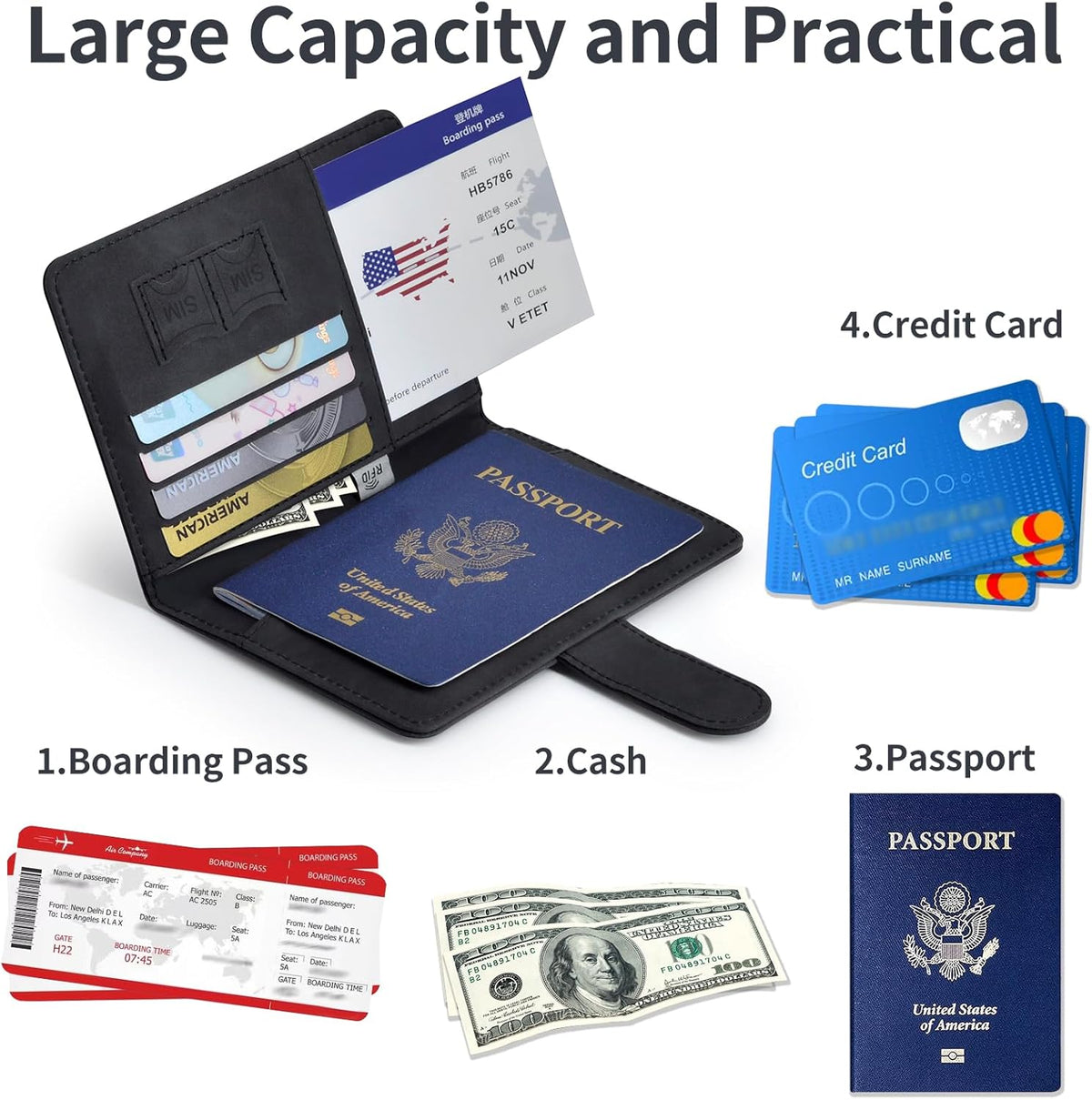 Passport Holder, Passport Cover with Credit Card Slot and Boarding Pass Slot Combo, Passport Wallet Case Book Travel Must Have, RFID Blocking Leather Travel Accessories, Navy Blue