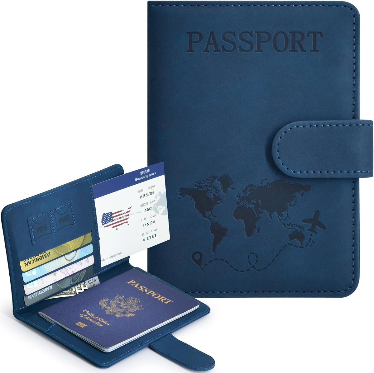 Passport Holder, Passport Cover with Credit Card Slot and Boarding Pass Slot Combo, Passport Wallet Case Book Travel Must Have, RFID Blocking Leather Travel Accessories, Navy Blue