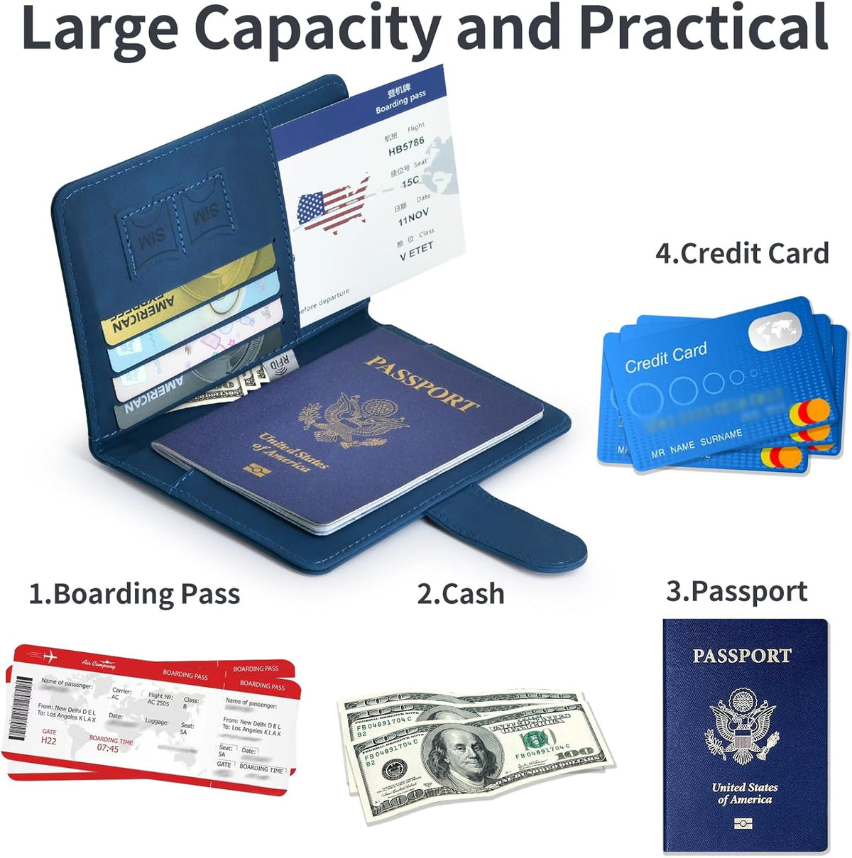 Passport Holder, Passport Cover with Credit Card Slot and Boarding Pass Slot Combo, Passport Wallet Case Book Travel Must Have, RFID Blocking Leather Travel Accessories, Navy Blue