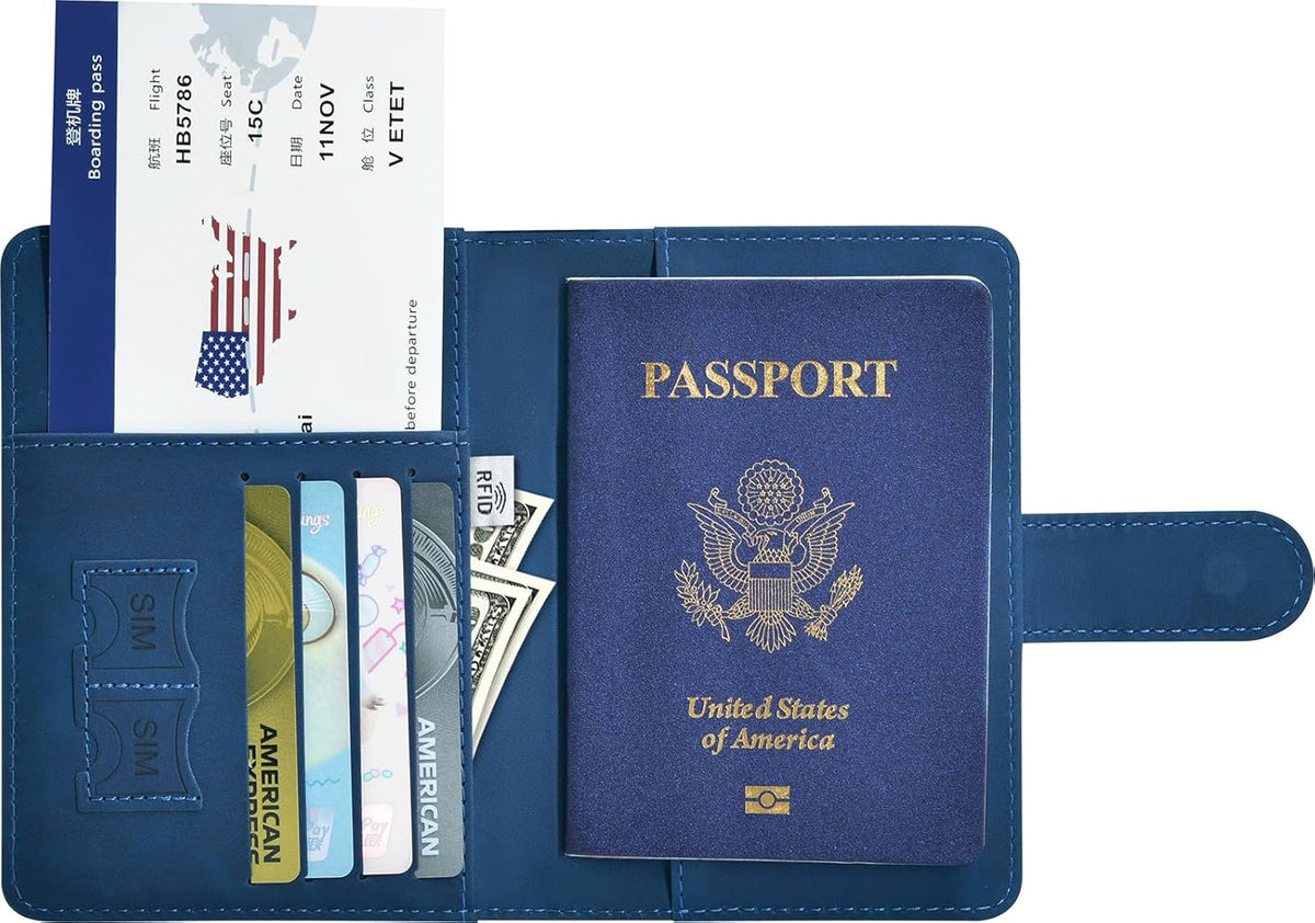 Passport Holder, Passport Cover with Credit Card Slot and Boarding Pass Slot Combo, Passport Wallet Case Book Travel Must Have, RFID Blocking Leather Travel Accessories, Navy Blue