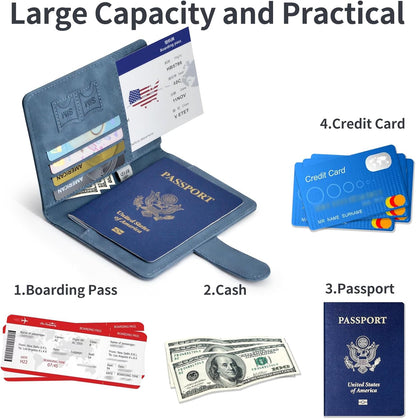 Passport Holder, Passport Cover with Credit Card Slot and Boarding Pass Slot Combo, Passport Wallet Case Book Travel Must Have, RFID Blocking Leather Travel Accessories, Navy Blue