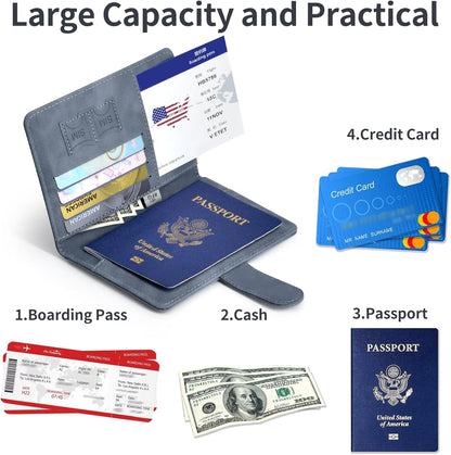 Passport Holder, Passport Cover with Credit Card Slot and Boarding Pass Slot Combo, Passport Wallet Case Book Travel Must Have, RFID Blocking Leather Travel Accessories, Navy Blue
