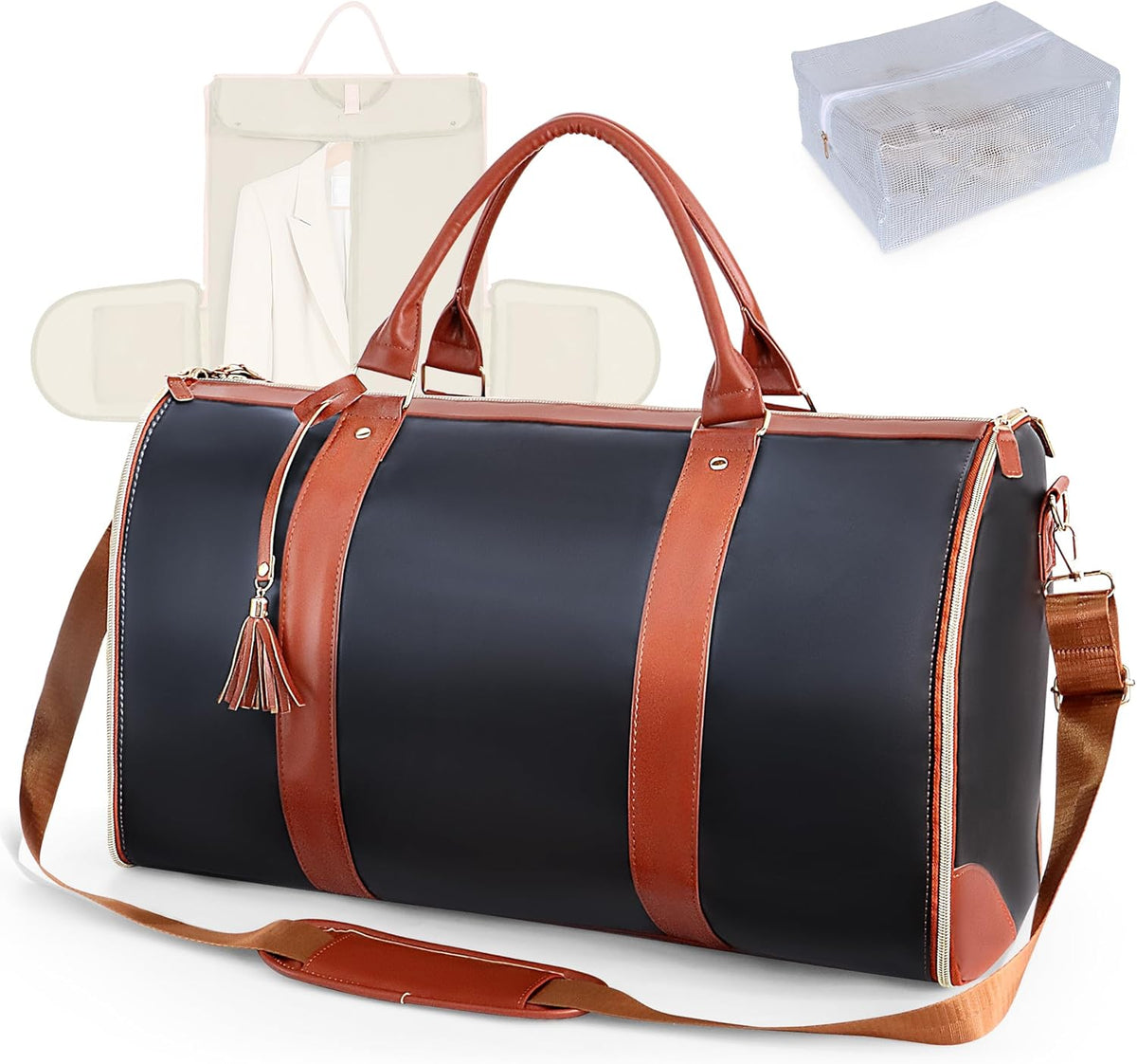 Convertible Garment Bag for Travel, 45L Carry On Garment Duffle Bag for Men Women with Shoe Compartment & Shoulder Strap, PU Leather, 2 in 1 Hanging Suitcase Suit Bags Weekender Overnight Bags Black