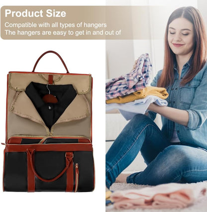 Convertible Garment Bag for Travel, 45L Carry On Garment Duffle Bag for Men Women with Shoe Compartment & Shoulder Strap, PU Leather, 2 in 1 Hanging Suitcase Suit Bags Weekender Overnight Bags Black