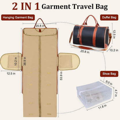 Convertible Garment Bag for Travel, 45L Carry On Garment Duffle Bag for Men Women with Shoe Compartment & Shoulder Strap, PU Leather, 2 in 1 Hanging Suitcase Suit Bags Weekender Overnight Bags Black
