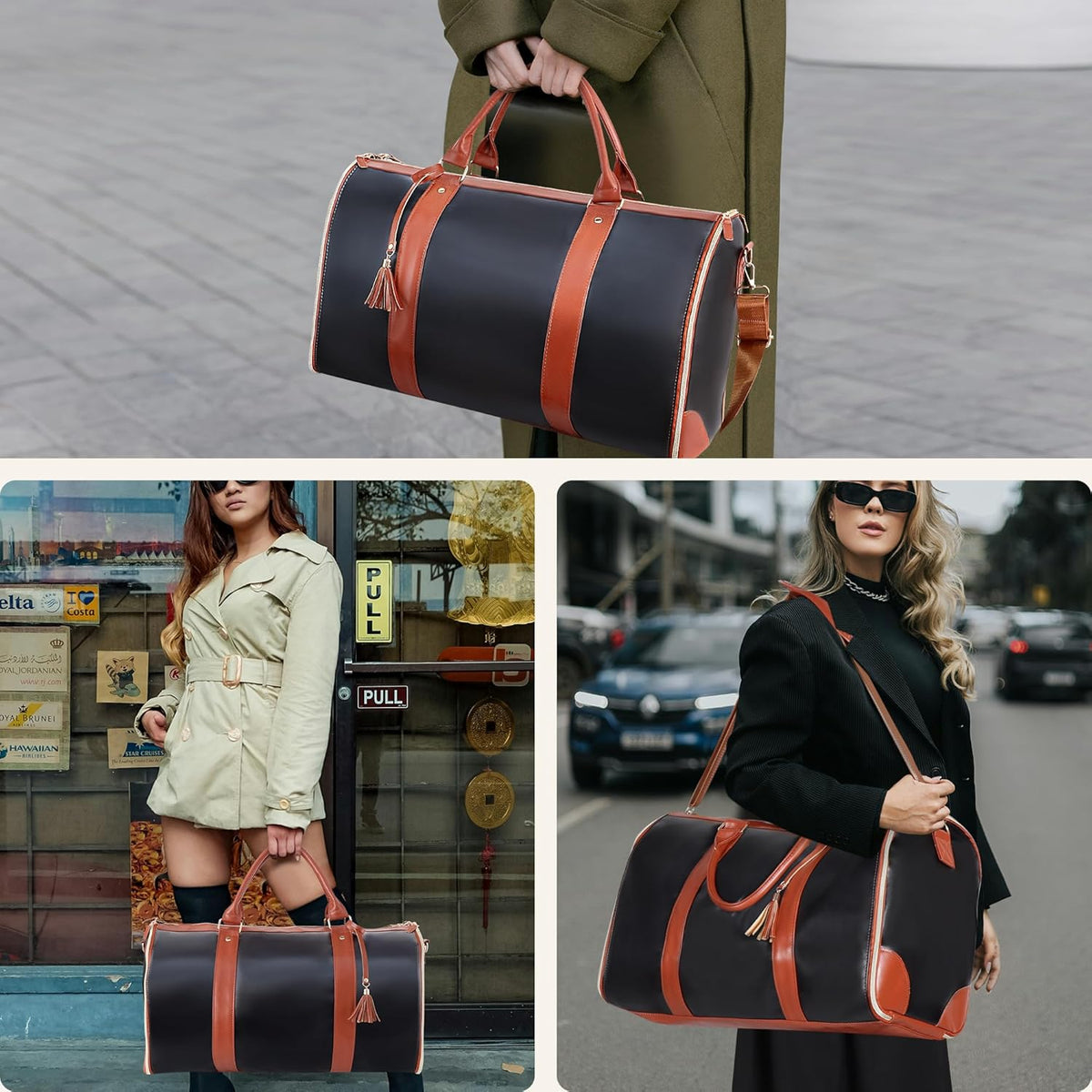 Convertible Garment Bag for Travel, 45L Carry On Garment Duffle Bag for Men Women with Shoe Compartment & Shoulder Strap, PU Leather, 2 in 1 Hanging Suitcase Suit Bags Weekender Overnight Bags Black