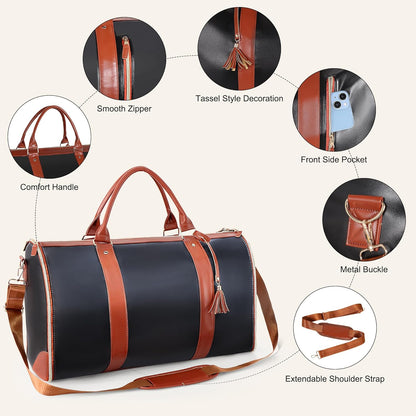 Convertible Garment Bag for Travel, 45L Carry On Garment Duffle Bag for Men Women with Shoe Compartment & Shoulder Strap, PU Leather, 2 in 1 Hanging Suitcase Suit Bags Weekender Overnight Bags Black
