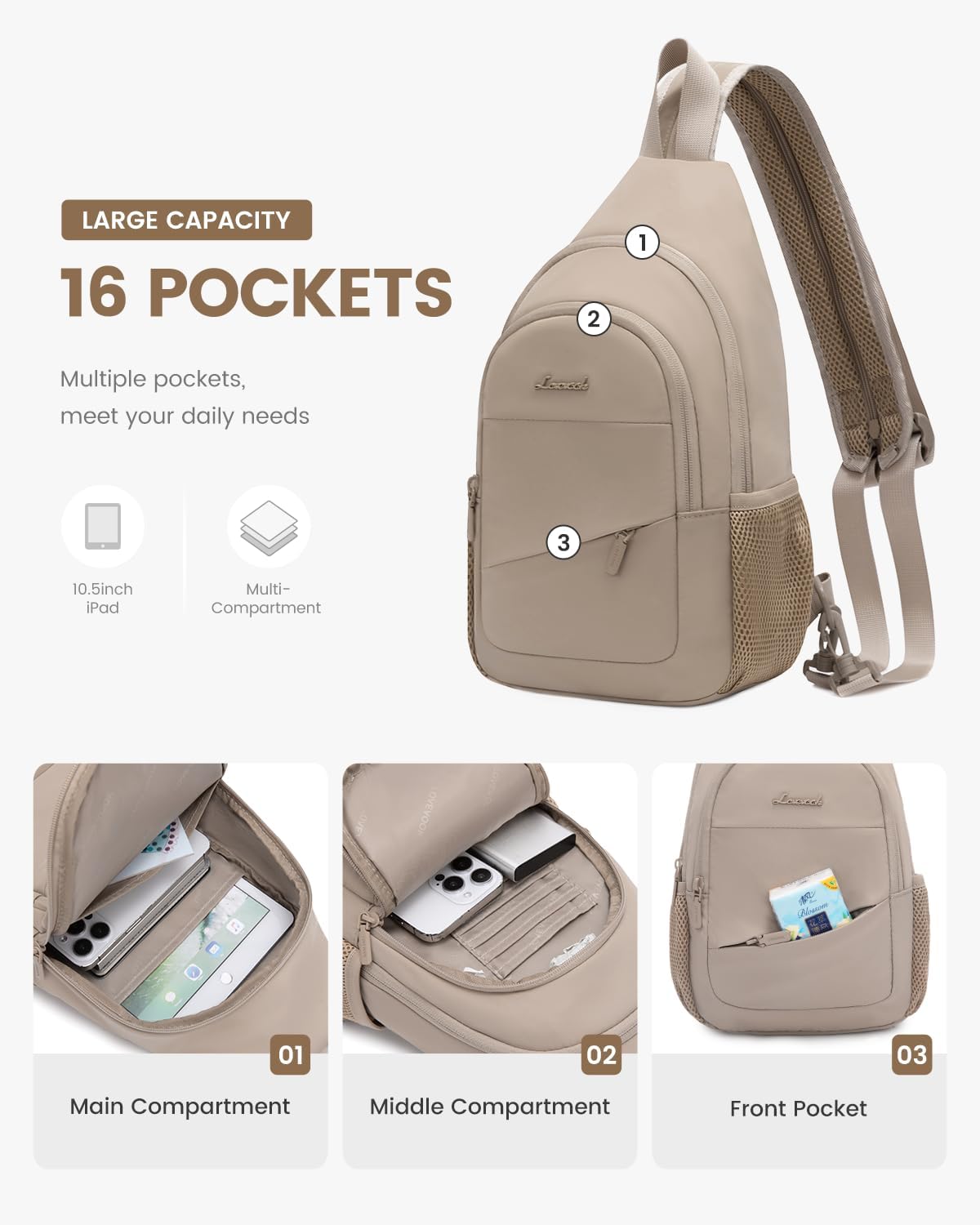 Sling Backpack for Women, Convertible Crossbody, Small Diaper Bag, Water-Resistant Hiking Daypack, Travel Shoulder Chest Bag