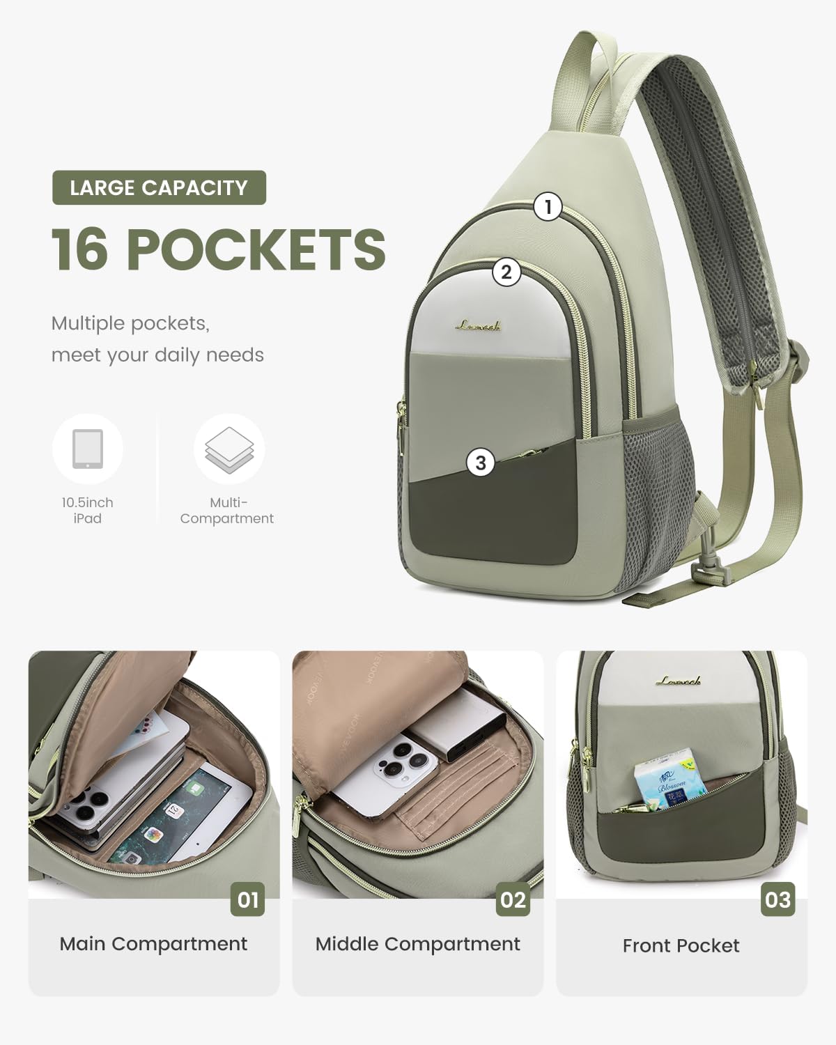 Sling Backpack for Women, Convertible Crossbody, Small Diaper Bag, Water-Resistant Hiking Daypack, Travel Shoulder Chest Bag