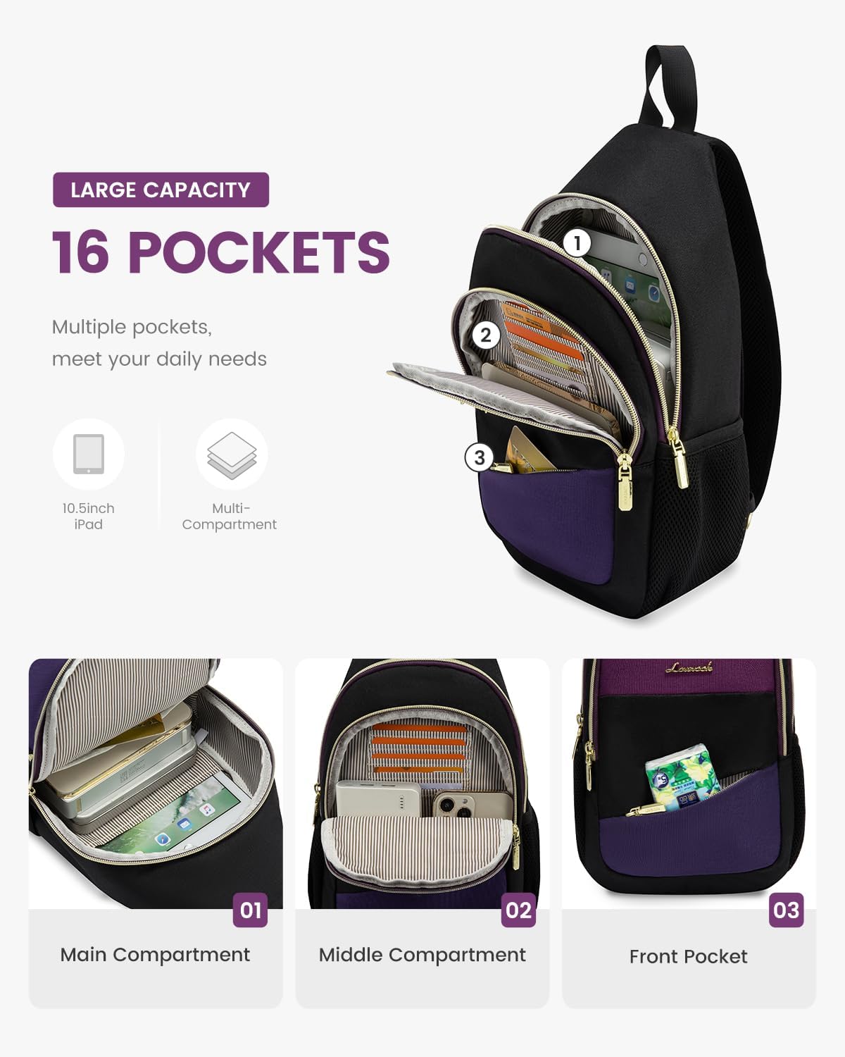 Sling Backpack for Women, Convertible Crossbody, Small Diaper Bag, Water-Resistant Hiking Daypack, Travel Shoulder Chest Bag