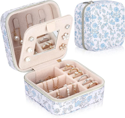 Blue Floral Travel Jewelry Case Quilted Small Jewelry Organizers and Storage Box Gifts with Mirror for Women Girls to Organize Rings, Necklaces Earrings Bracelet Little Accessories Holder