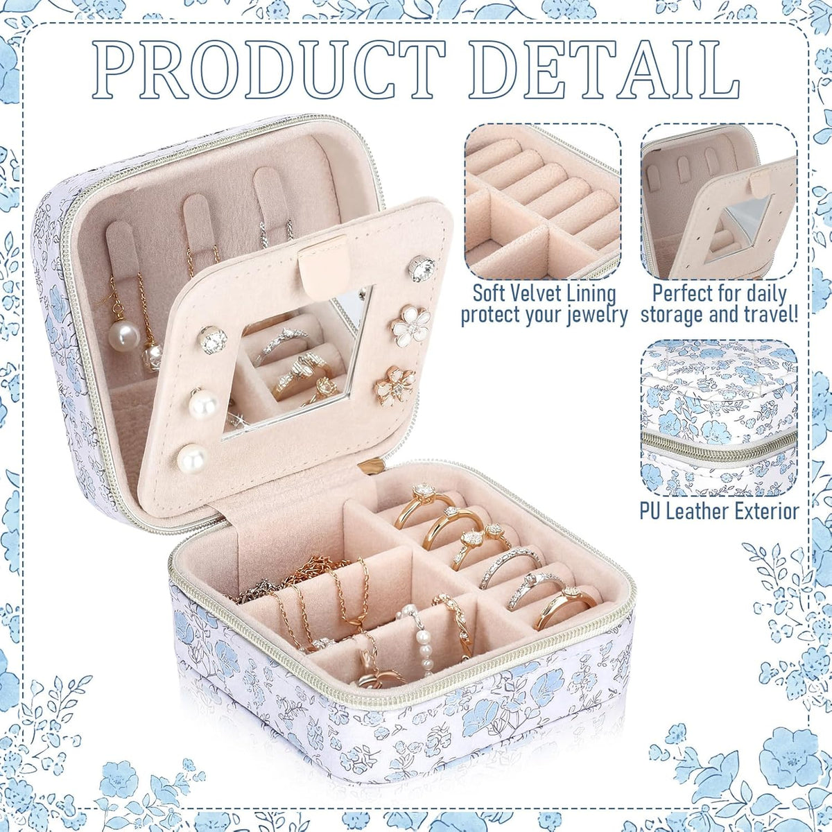 Blue Floral Travel Jewelry Case Quilted Small Jewelry Organizers and Storage Box Gifts with Mirror for Women Girls to Organize Rings, Necklaces Earrings Bracelet Little Accessories Holder
