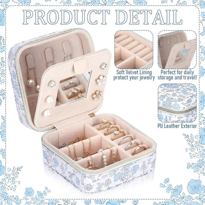 Blue Floral Travel Jewelry Case Quilted Small Jewelry Organizers and Storage Box Gifts with Mirror for Women Girls to Organize Rings, Necklaces Earrings Bracelet Little Accessories Holder