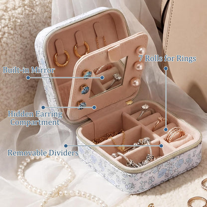 Blue Floral Travel Jewelry Case Quilted Small Jewelry Organizers and Storage Box Gifts with Mirror for Women Girls to Organize Rings, Necklaces Earrings Bracelet Little Accessories Holder