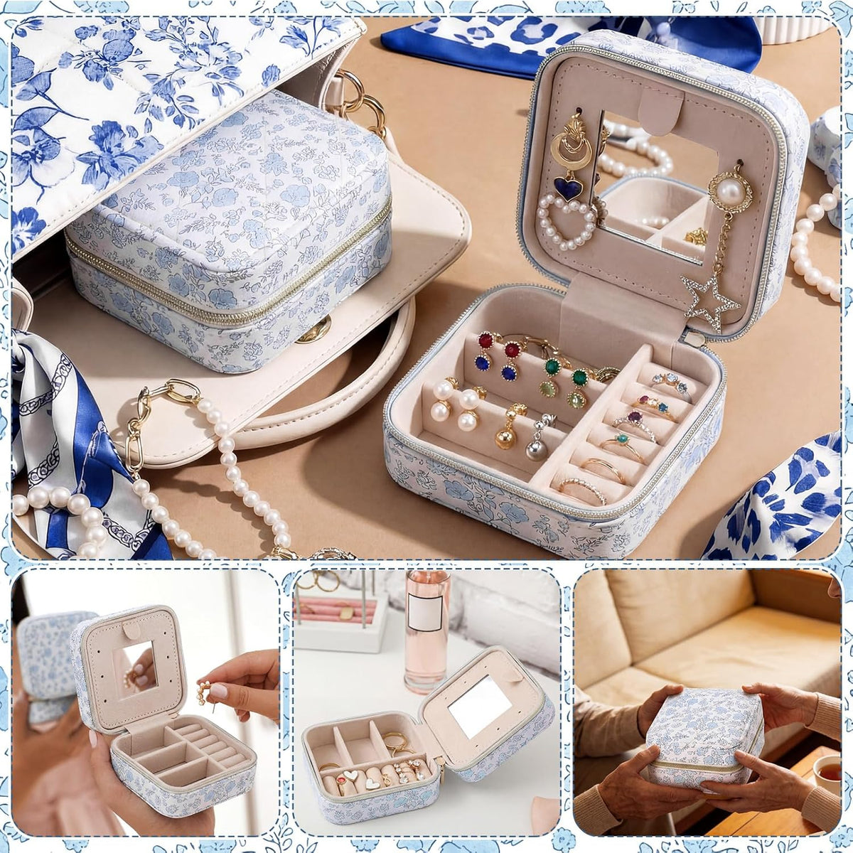 Blue Floral Travel Jewelry Case Quilted Small Jewelry Organizers and Storage Box Gifts with Mirror for Women Girls to Organize Rings, Necklaces Earrings Bracelet Little Accessories Holder