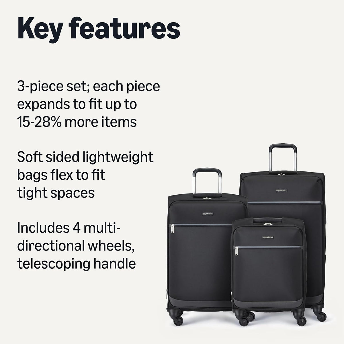 20" Carry-On Luggage, Softside Suitcase With TSA Lock, 8 Spinner Wheels, Telescoping Handle, Front Exterior Pocket, 3 Interior Pockets, Black
