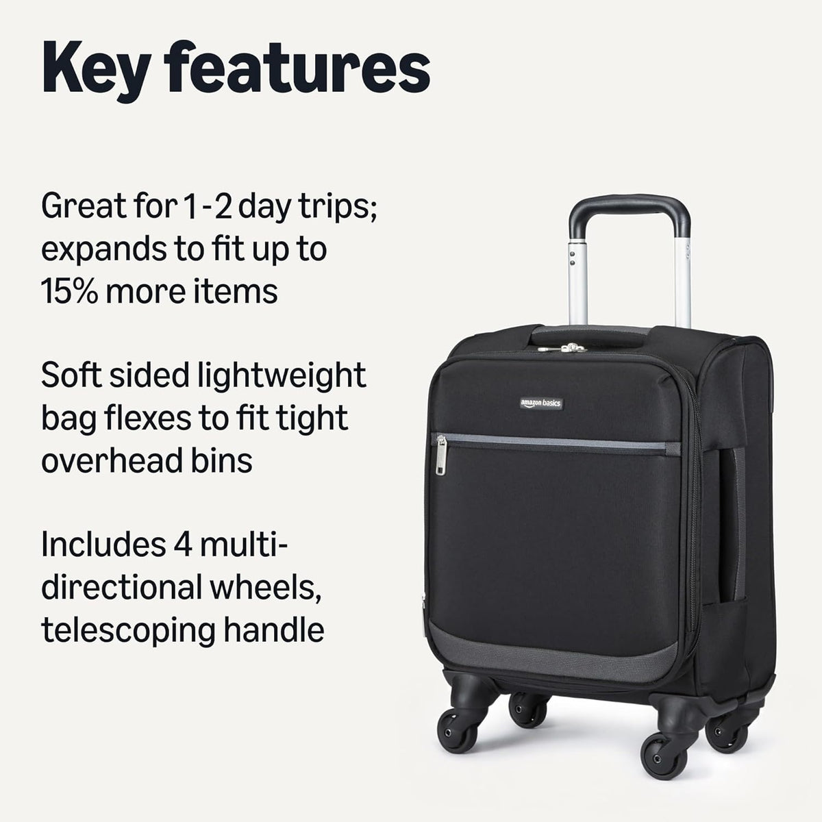 20" Carry-On Luggage, Softside Suitcase With TSA Lock, 8 Spinner Wheels, Telescoping Handle, Front Exterior Pocket, 3 Interior Pockets, Black
