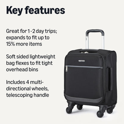 20" Carry-On Luggage, Softside Suitcase With TSA Lock, 8 Spinner Wheels, Telescoping Handle, Front Exterior Pocket, 3 Interior Pockets, Black