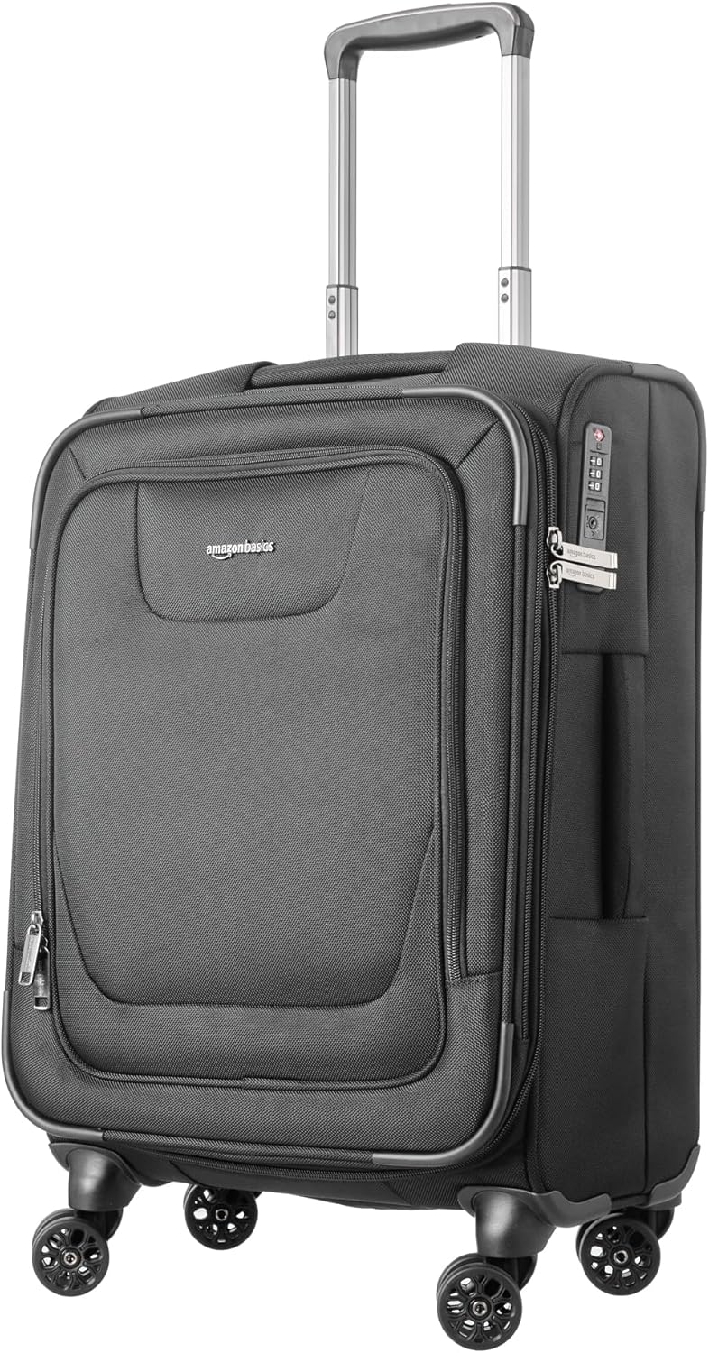 20" Carry-On Luggage, Softside Suitcase With TSA Lock, 8 Spinner Wheels, Telescoping Handle, Front Exterior Pocket, 3 Interior Pockets, Black