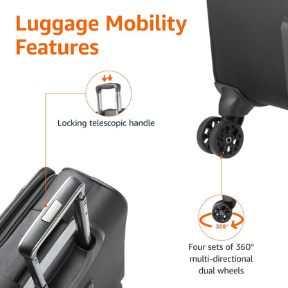 20" Carry-On Luggage, Softside Suitcase With TSA Lock, 8 Spinner Wheels, Telescoping Handle, Front Exterior Pocket, 3 Interior Pockets, Black
