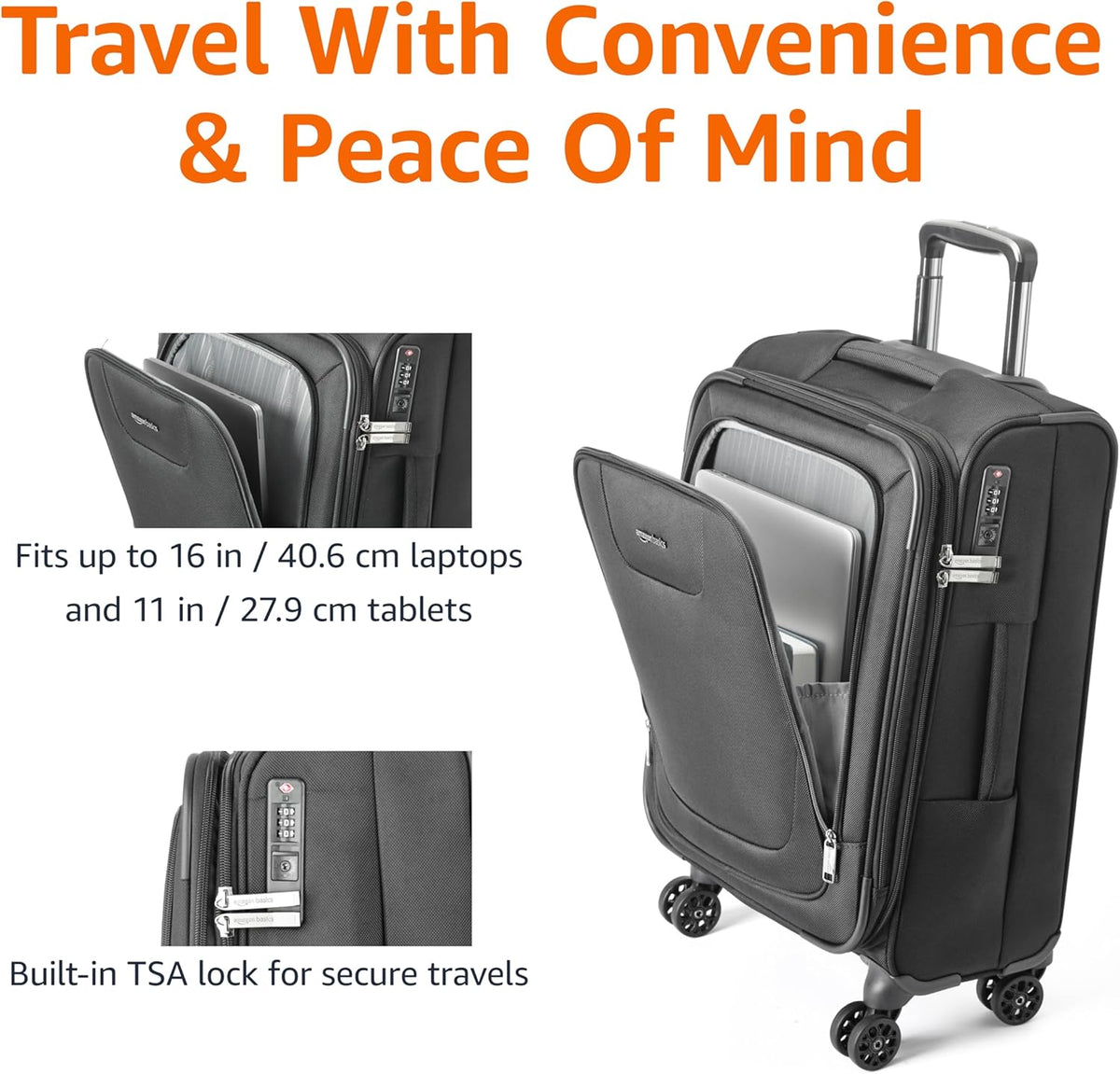 20" Carry-On Luggage, Softside Suitcase With TSA Lock, 8 Spinner Wheels, Telescoping Handle, Front Exterior Pocket, 3 Interior Pockets, Black