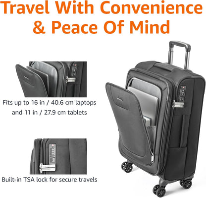 20" Carry-On Luggage, Softside Suitcase With TSA Lock, 8 Spinner Wheels, Telescoping Handle, Front Exterior Pocket, 3 Interior Pockets, Black