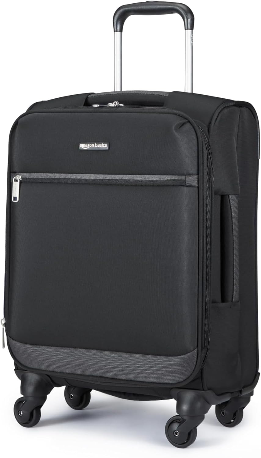 20" Carry-On Luggage, Softside Suitcase With TSA Lock, 8 Spinner Wheels, Telescoping Handle, Front Exterior Pocket, 3 Interior Pockets, Black