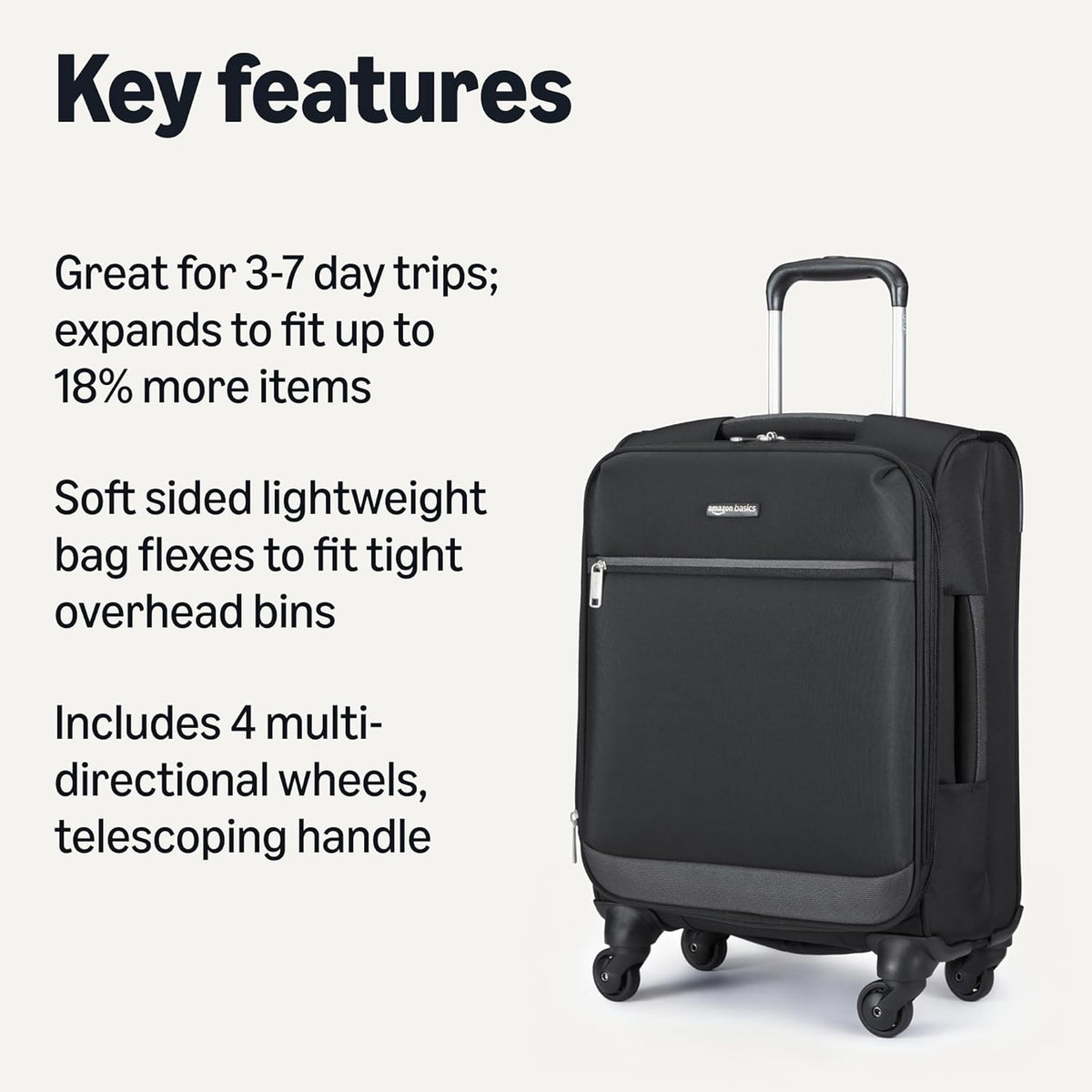 20" Carry-On Luggage, Softside Suitcase With TSA Lock, 8 Spinner Wheels, Telescoping Handle, Front Exterior Pocket, 3 Interior Pockets, Black