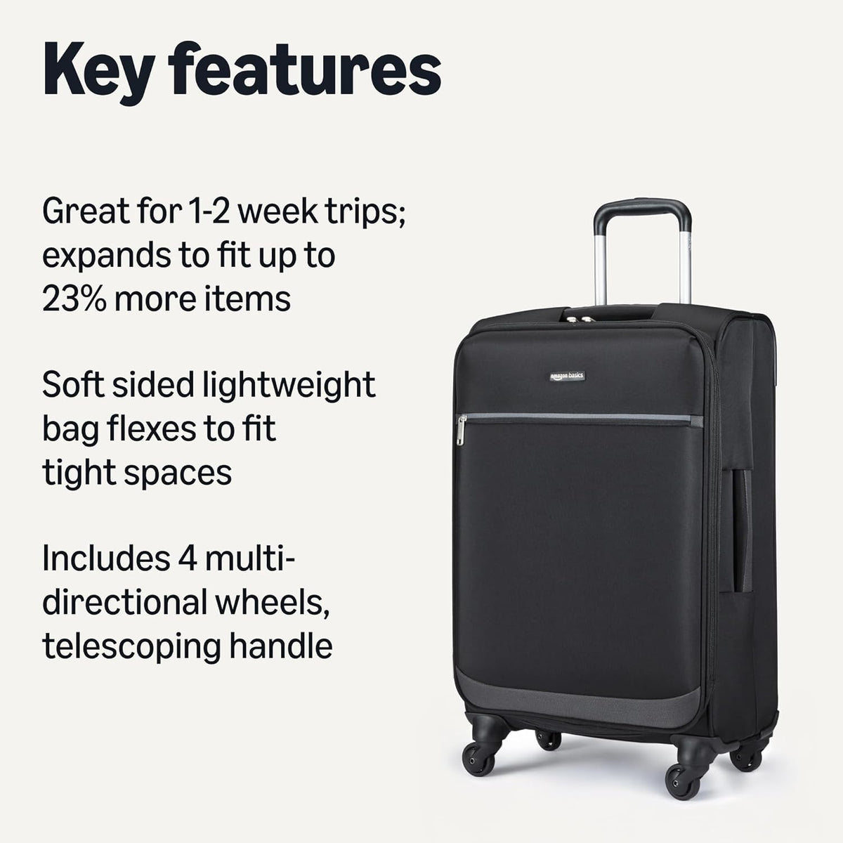 20" Carry-On Luggage, Softside Suitcase With TSA Lock, 8 Spinner Wheels, Telescoping Handle, Front Exterior Pocket, 3 Interior Pockets, Black