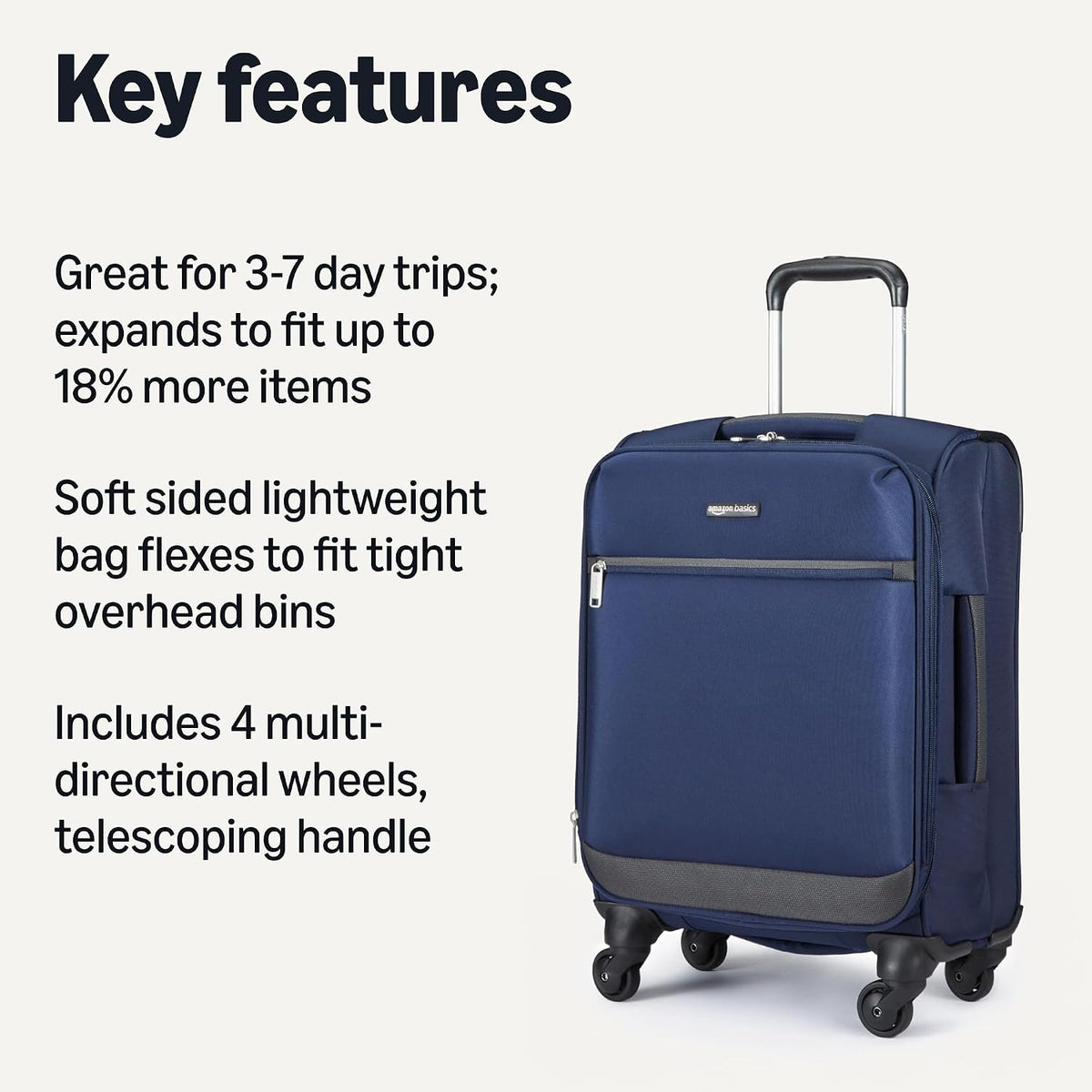 20" Carry-On Luggage, Softside Suitcase With TSA Lock, 8 Spinner Wheels, Telescoping Handle, Front Exterior Pocket, 3 Interior Pockets, Black