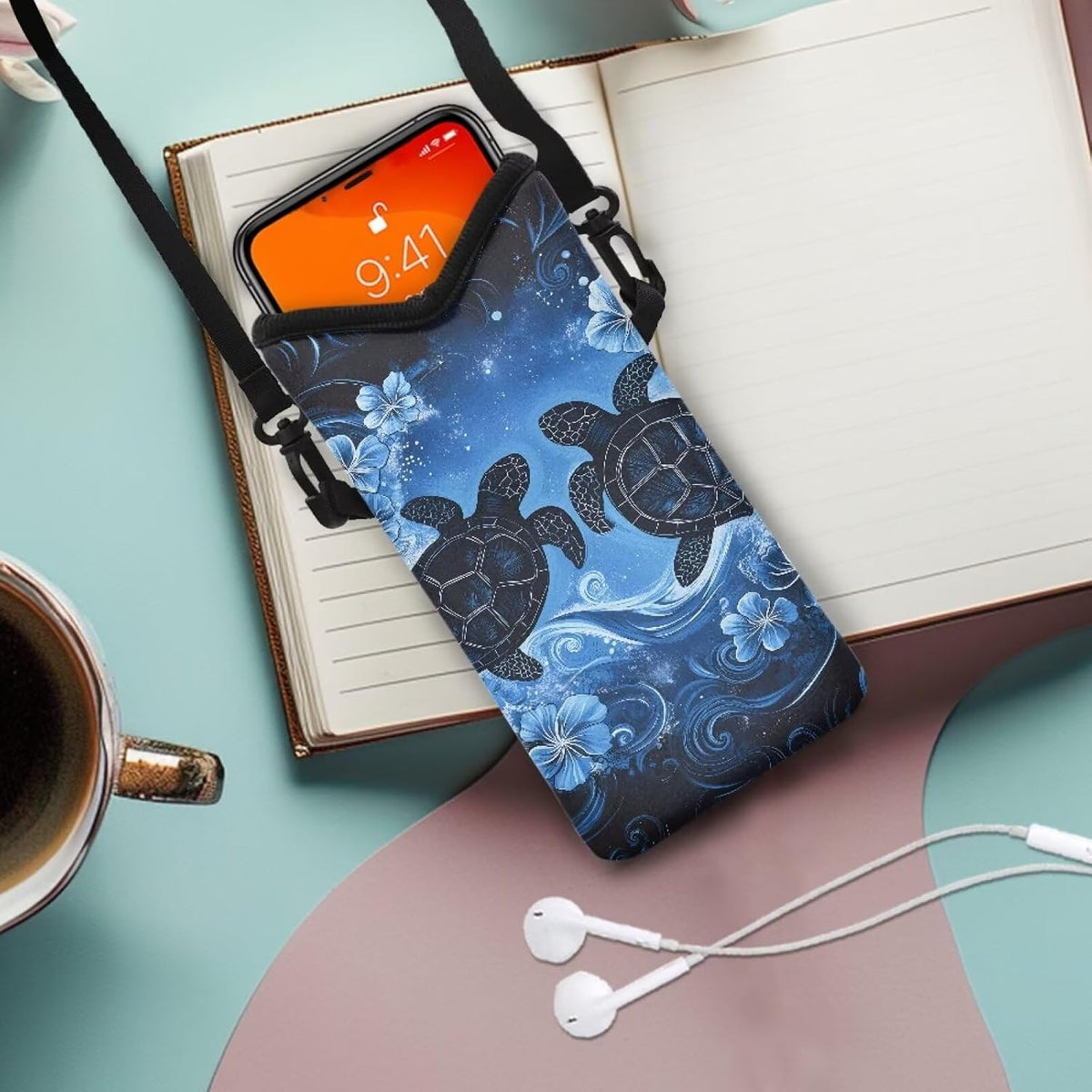 Neoprene Cross Body Phone Bag Pouch for Women Men Waterproof Small Crossbody Bag Protective Smartphone Case Pouch for Cellphone, Keys, Earbuds, Passport, Glitter Butterfly Sparkle Blue