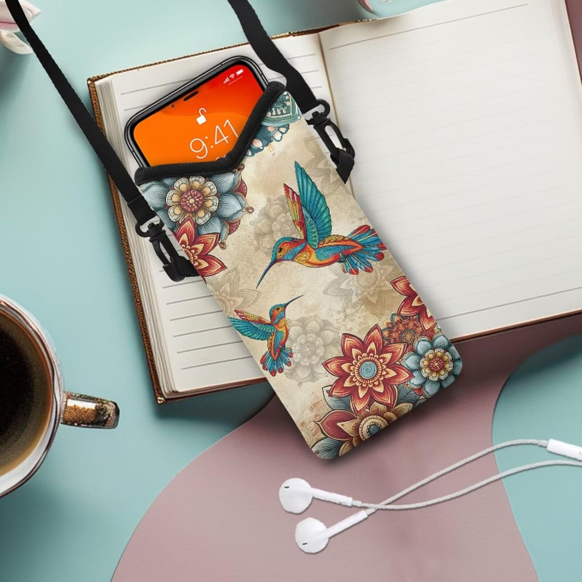 Neoprene Cross Body Phone Bag Pouch for Women Men Waterproof Small Crossbody Bag Protective Smartphone Case Pouch for Cellphone, Keys, Earbuds, Passport, Glitter Butterfly Sparkle Blue