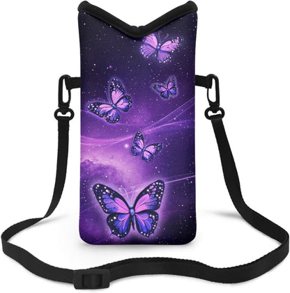 Neoprene Cross Body Phone Bag Pouch for Women Men Waterproof Small Crossbody Bag Protective Smartphone Case Pouch for Cellphone, Keys, Earbuds, Passport, Glitter Butterfly Sparkle Blue