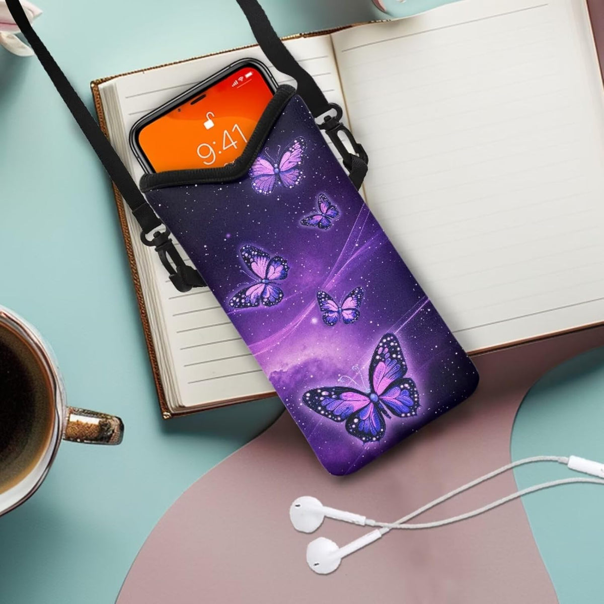 Neoprene Cross Body Phone Bag Pouch for Women Men Waterproof Small Crossbody Bag Protective Smartphone Case Pouch for Cellphone, Keys, Earbuds, Passport, Glitter Butterfly Sparkle Blue