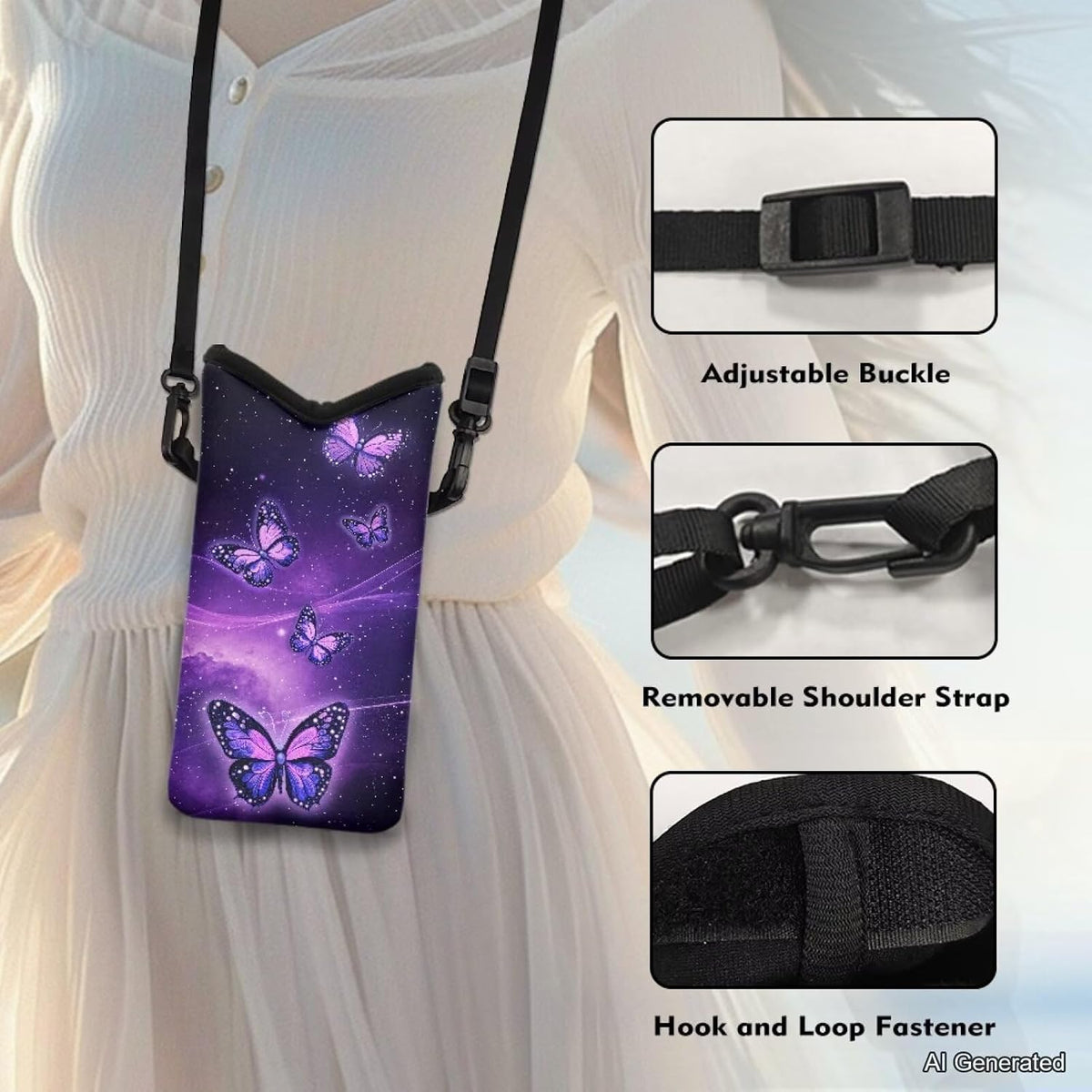 Neoprene Cross Body Phone Bag Pouch for Women Men Waterproof Small Crossbody Bag Protective Smartphone Case Pouch for Cellphone, Keys, Earbuds, Passport, Glitter Butterfly Sparkle Blue