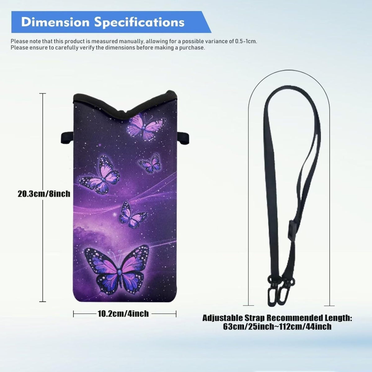 Neoprene Cross Body Phone Bag Pouch for Women Men Waterproof Small Crossbody Bag Protective Smartphone Case Pouch for Cellphone, Keys, Earbuds, Passport, Glitter Butterfly Sparkle Blue