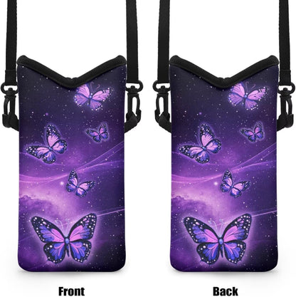 Neoprene Cross Body Phone Bag Pouch for Women Men Waterproof Small Crossbody Bag Protective Smartphone Case Pouch for Cellphone, Keys, Earbuds, Passport, Glitter Butterfly Sparkle Blue