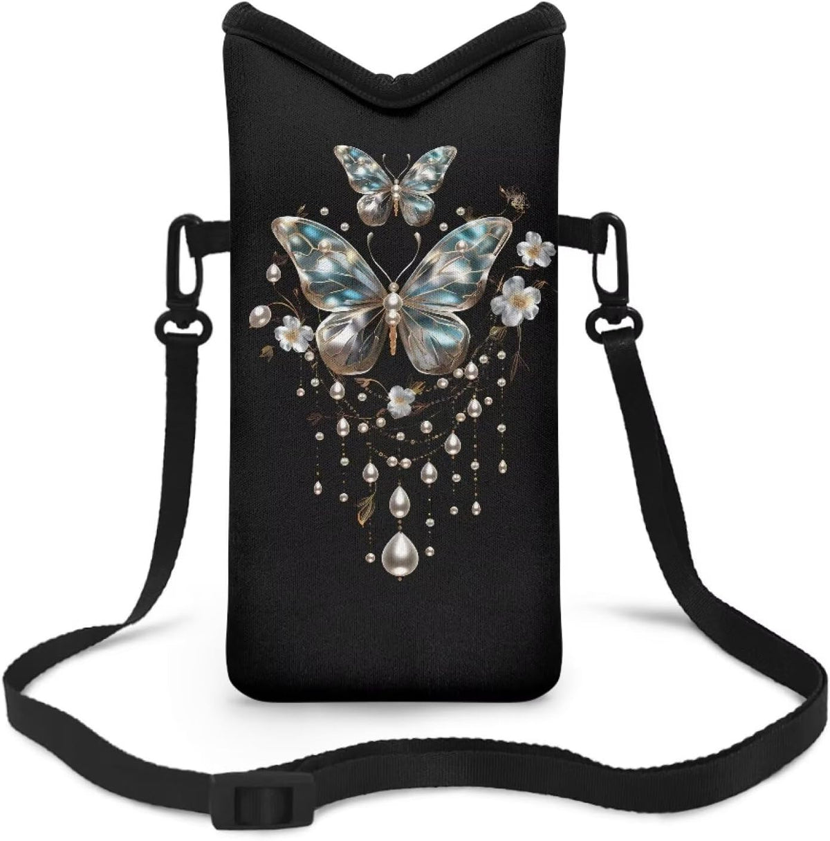 Neoprene Cross Body Phone Bag Pouch for Women Men Waterproof Small Crossbody Bag Protective Smartphone Case Pouch for Cellphone, Keys, Earbuds, Passport, Glitter Butterfly Sparkle Blue