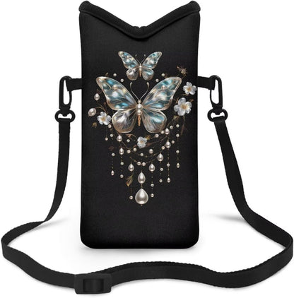 Neoprene Cross Body Phone Bag Pouch for Women Men Waterproof Small Crossbody Bag Protective Smartphone Case Pouch for Cellphone, Keys, Earbuds, Passport, Glitter Butterfly Sparkle Blue