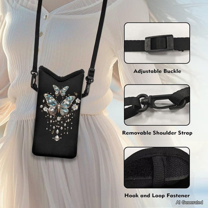 Neoprene Cross Body Phone Bag Pouch for Women Men Waterproof Small Crossbody Bag Protective Smartphone Case Pouch for Cellphone, Keys, Earbuds, Passport, Glitter Butterfly Sparkle Blue