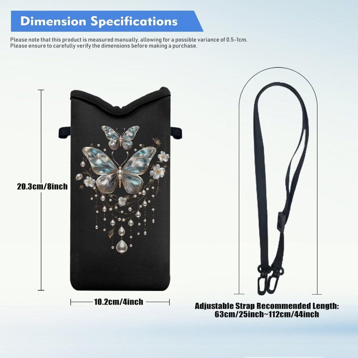 Neoprene Cross Body Phone Bag Pouch for Women Men Waterproof Small Crossbody Bag Protective Smartphone Case Pouch for Cellphone, Keys, Earbuds, Passport, Glitter Butterfly Sparkle Blue
