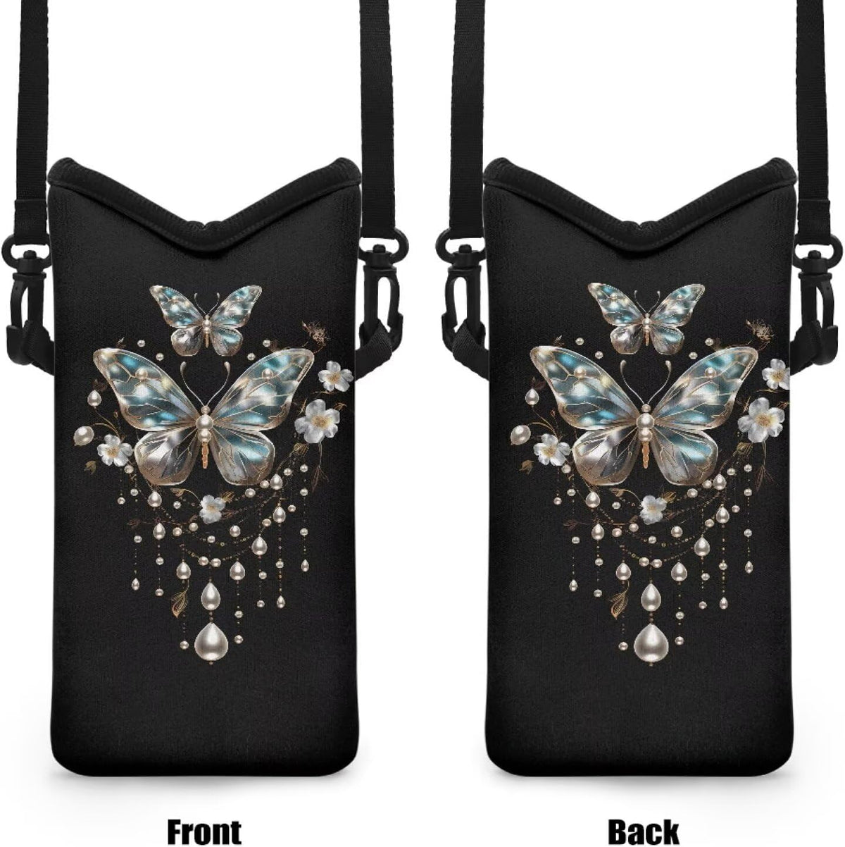 Neoprene Cross Body Phone Bag Pouch for Women Men Waterproof Small Crossbody Bag Protective Smartphone Case Pouch for Cellphone, Keys, Earbuds, Passport, Glitter Butterfly Sparkle Blue