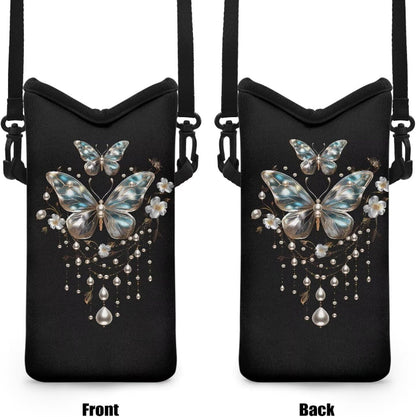 Neoprene Cross Body Phone Bag Pouch for Women Men Waterproof Small Crossbody Bag Protective Smartphone Case Pouch for Cellphone, Keys, Earbuds, Passport, Glitter Butterfly Sparkle Blue